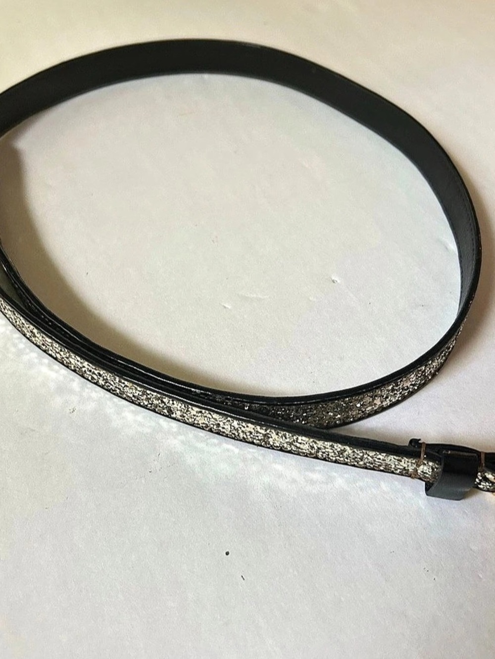 Miu Miu Runway Silver Glitter Buckle Belt in Black Leather & Gold Hardware